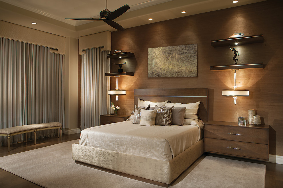 Bedroom - mid-sized modern guest medium tone wood floor and brown floor bedroom idea in Phoenix with brown walls