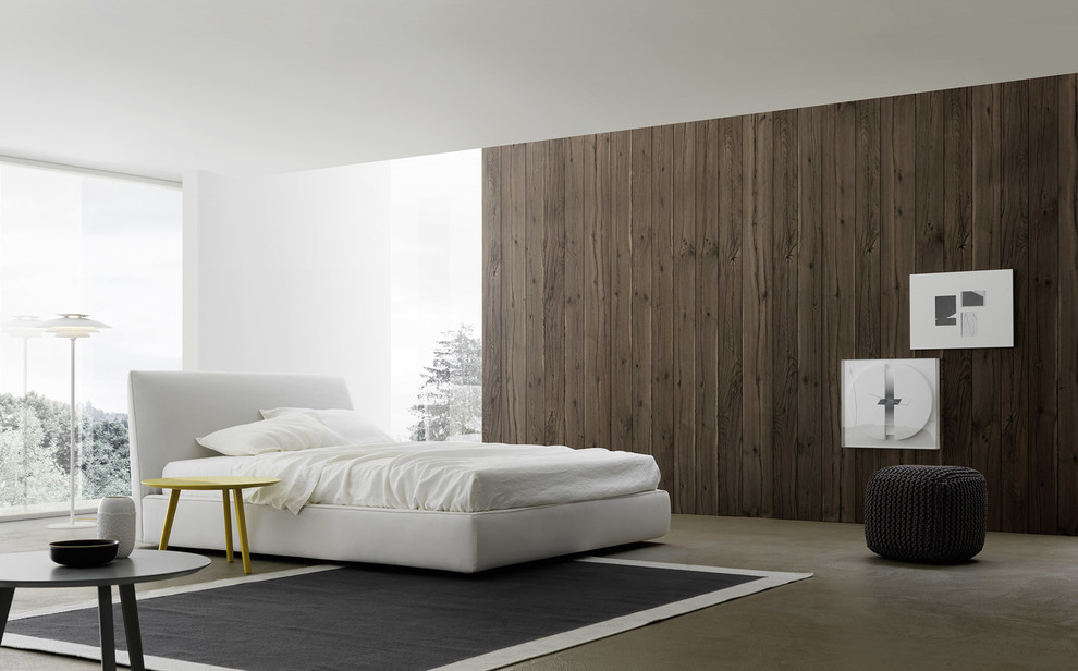 Diseño de dormitorio moderno grande con paredes blancas y suelo de cemento
