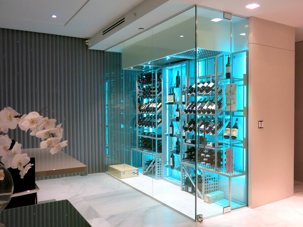 Foto på en mellanstor funkis vinkällare, med klinkergolv i porslin, vindisplay och grått golv