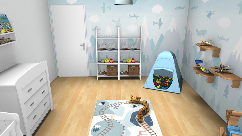 Réalisation d'une chambre d'enfant de 1 à 3 ans minimaliste de taille moyenne avec un mur blanc et sol en stratifié.