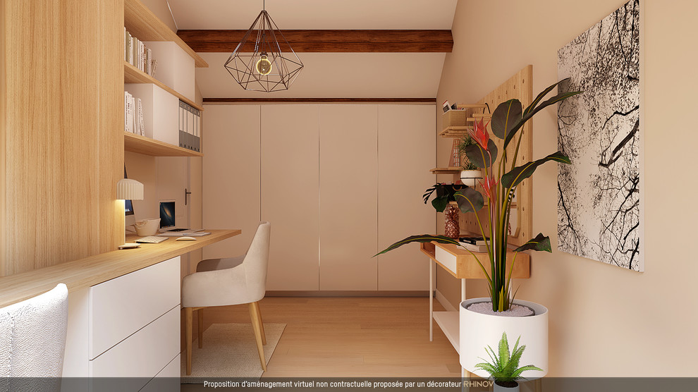 Home office - scandinavian light wood floor home office idea in Bordeaux with beige walls