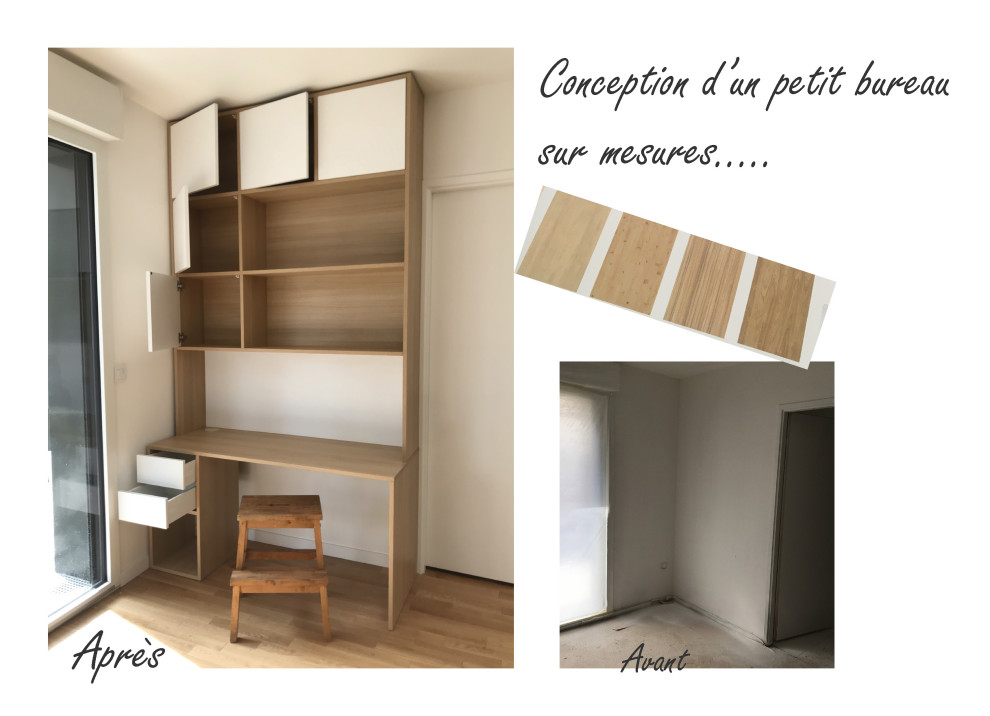 Kleines Skandinavisches Arbeitszimmer ohne Kamin mit Arbeitsplatz, weißer Wandfarbe, hellem Holzboden, freistehendem Schreibtisch und braunem Boden in Paris