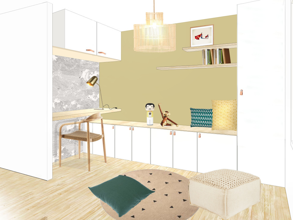 Modelo de despacho escandinavo pequeño sin chimenea con biblioteca, paredes amarillas, suelo de madera clara, escritorio empotrado, suelo beige y papel pintado