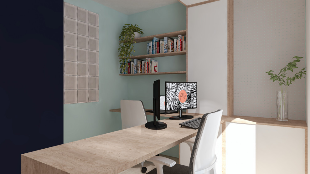 Cette image montre un bureau atelier urbain en bois de taille moyenne avec un mur blanc, parquet clair, un bureau intégré, un sol blanc et un plafond à caissons.