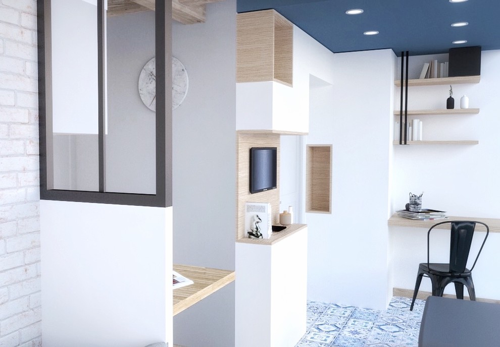 Источник вдохновения для домашнего уюта: домашняя библиотека среднего размера в скандинавском стиле с белыми стенами, полом из керамической плитки, встроенным рабочим столом и синим полом без камина