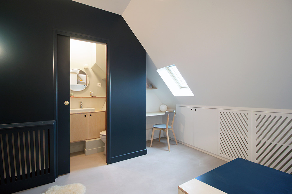 Идея дизайна: маленький кабинет в современном стиле с бетонным полом и черными стенами без камина для на участке и в саду