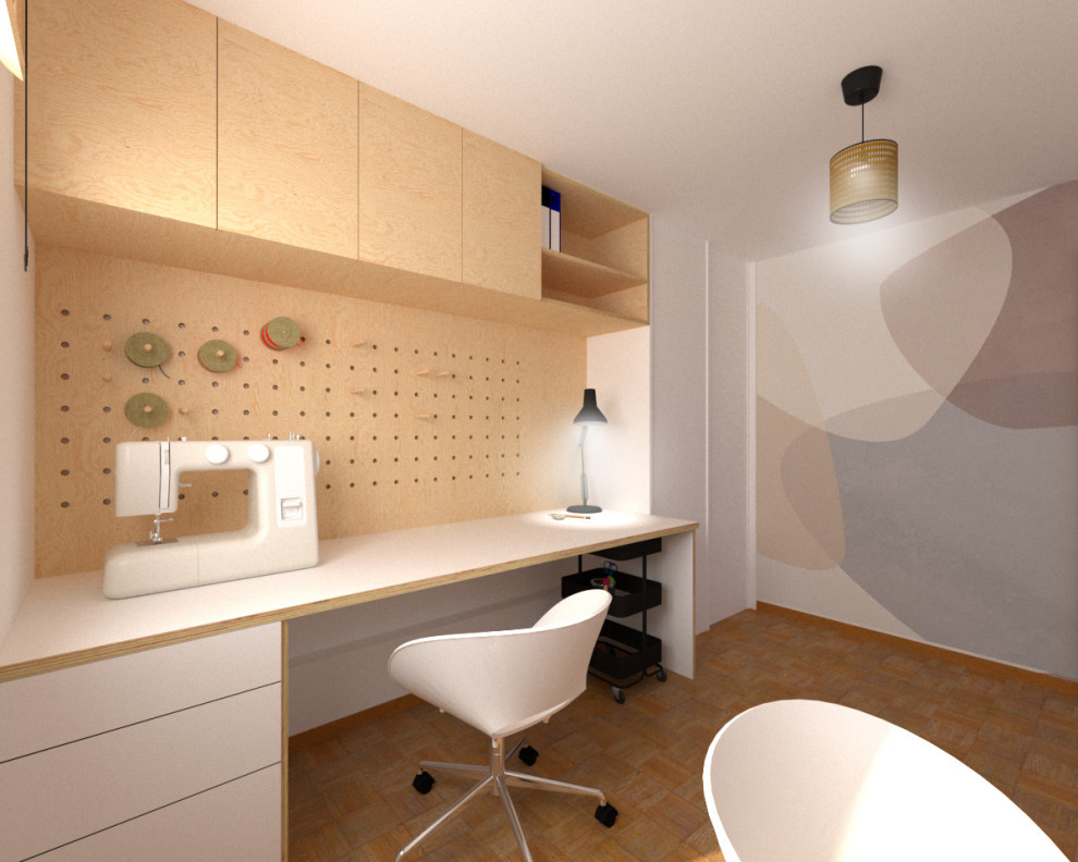 Small trendy built-in desk wood wall study room photo in Lille with white walls