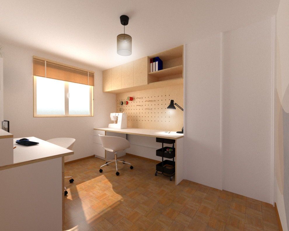 Imagen de despacho contemporáneo pequeño con paredes blancas, suelo de madera clara, escritorio empotrado y madera