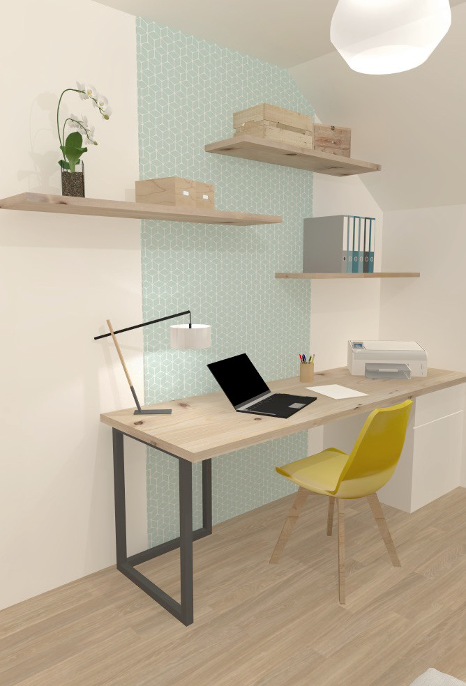 Inspiration för ett mellanstort minimalistiskt hemmabibliotek, med blå väggar, ljust trägolv, ett fristående skrivbord och beiget golv