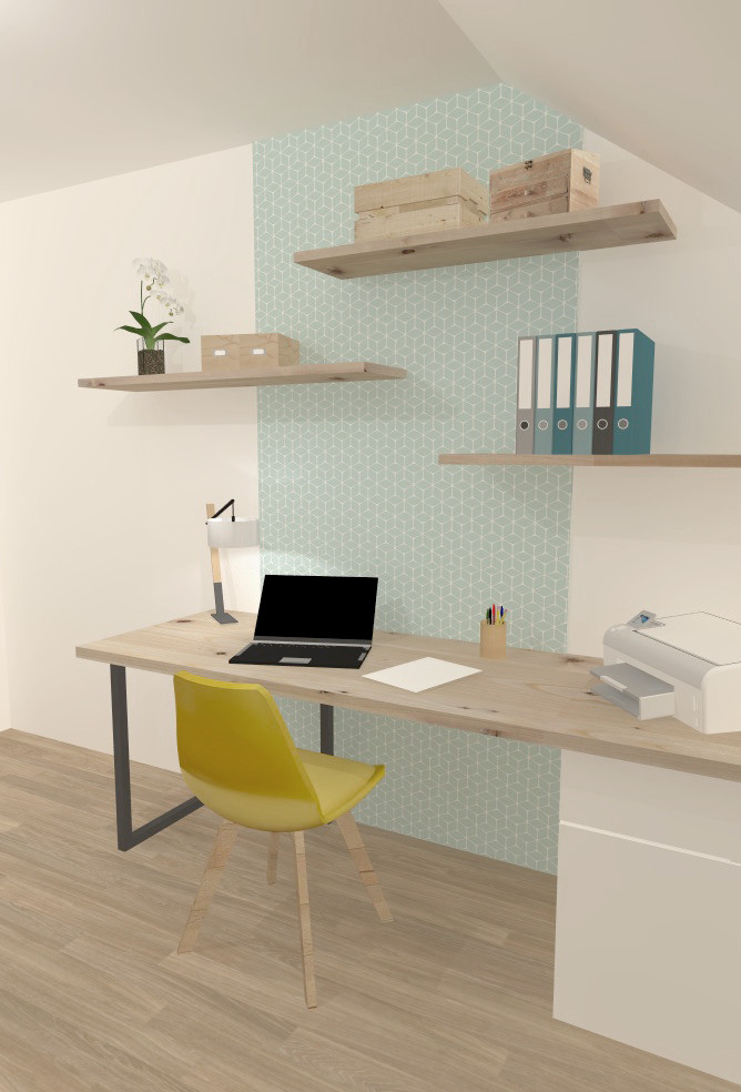Réalisation d'un bureau nordique de taille moyenne avec un mur bleu, parquet clair, aucune cheminée, un bureau indépendant et un sol beige.