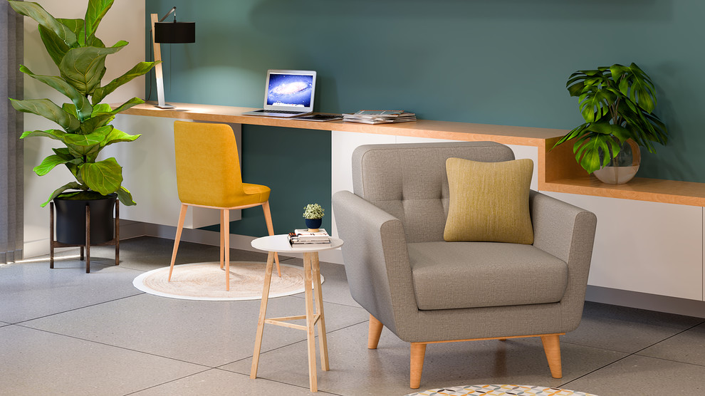 Diseño de despacho escandinavo grande con paredes azules, suelo de baldosas de cerámica, escritorio empotrado y suelo gris