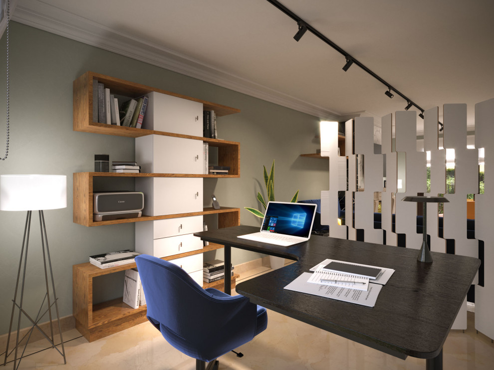 Idée de décoration pour un bureau minimaliste de taille moyenne avec un mur vert, un sol en marbre, une cheminée standard, un manteau de cheminée en pierre, un bureau intégré et un sol beige.