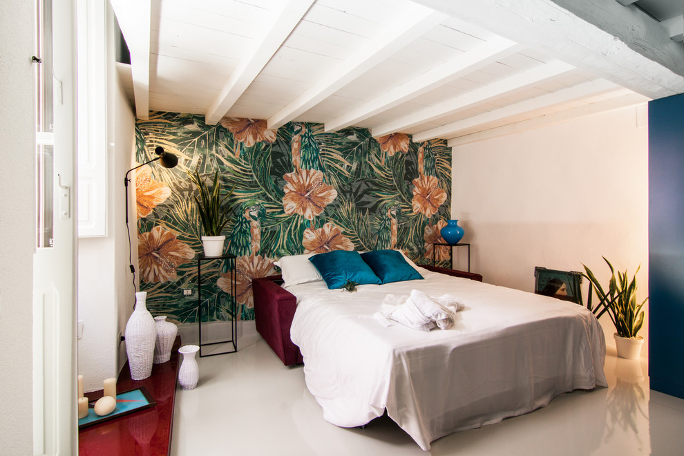 Esempio di una camera degli ospiti contemporanea con pareti blu e pavimento in gres porcellanato