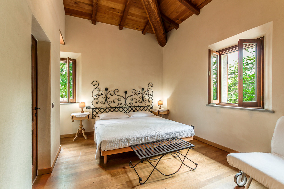 Diseño de habitación de invitados mediterránea de tamaño medio con paredes blancas, suelo de madera en tonos medios y suelo marrón