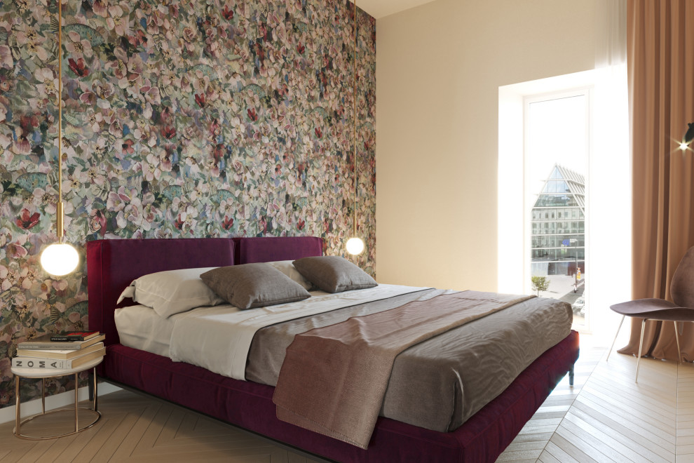 Источник вдохновения для домашнего уюта: хозяйская спальня среднего размера в современном стиле с разноцветными стенами и светлым паркетным полом