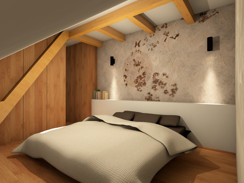 Ejemplo de dormitorio principal moderno pequeño con suelo de madera clara