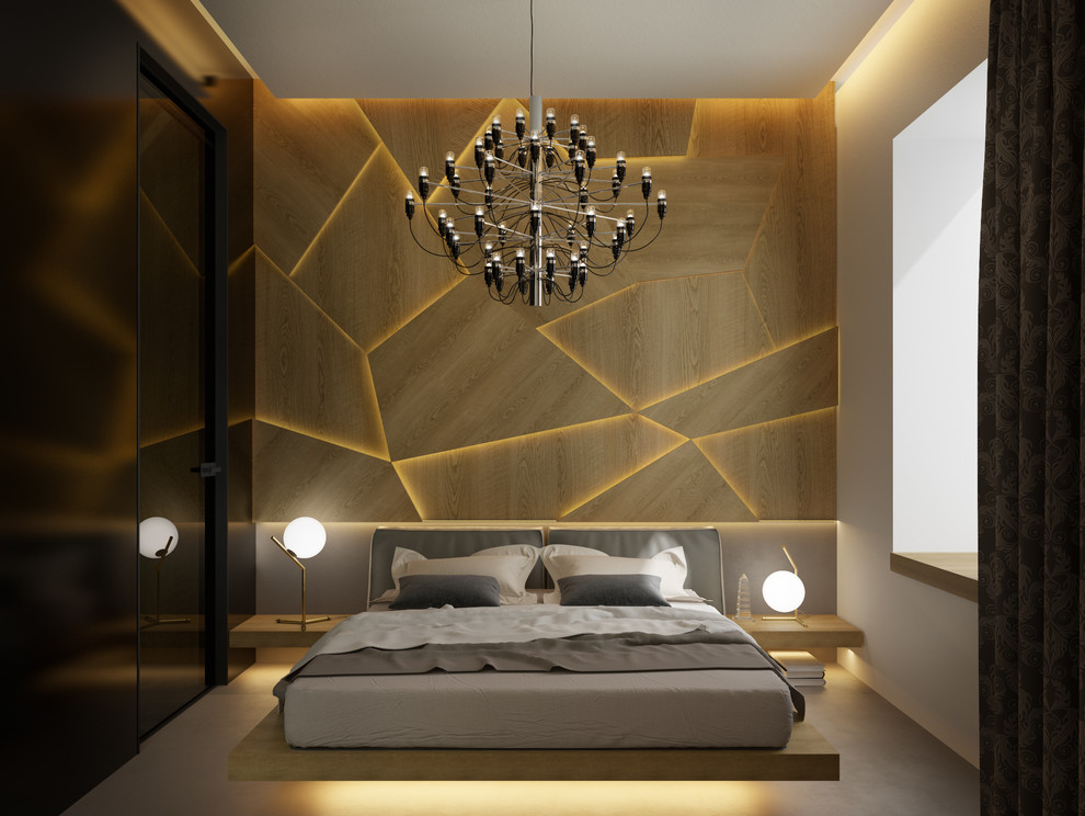 小さなモダンスタイルのおしゃれな主寝室 (茶色い壁、ライムストーンの床、グレーの床) のインテリア