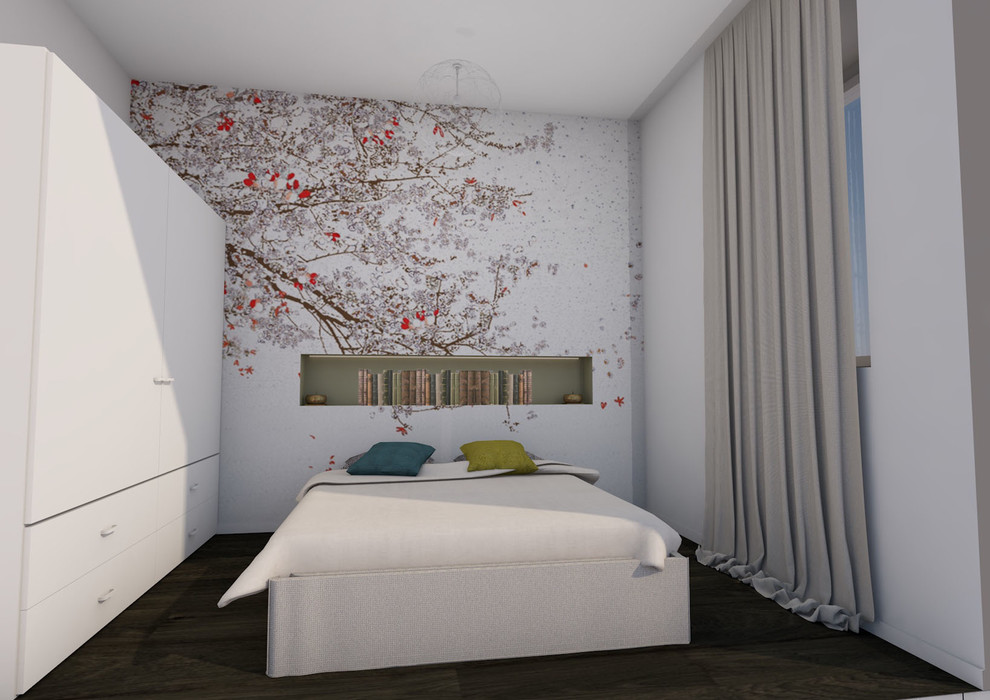 Imagen de habitación de invitados contemporánea pequeña con paredes blancas y suelo de madera oscura