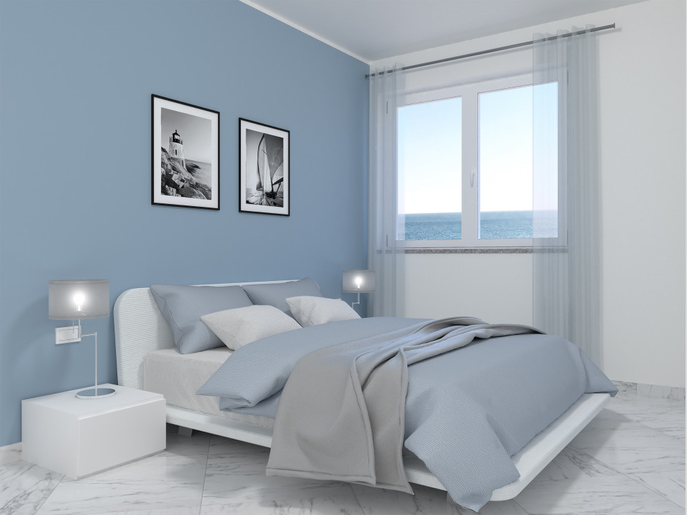 Modelo de dormitorio actual pequeño con paredes grises, suelo de mármol y suelo blanco