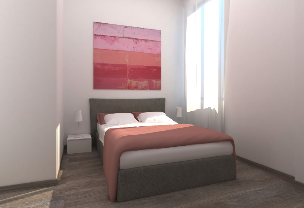 Design ideas for a contemporary master bedroom in Milan with white walls and light hardwood flooring.