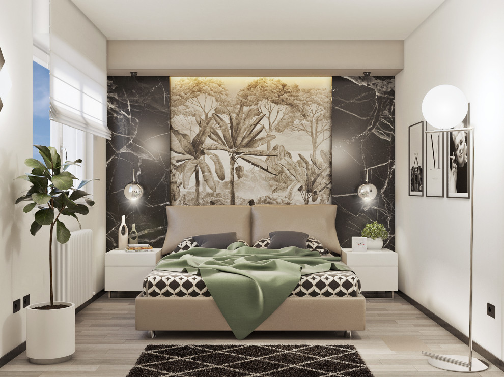 Imagen de dormitorio principal minimalista pequeño con paredes blancas, suelo de baldosas de porcelana, suelo beige y papel pintado