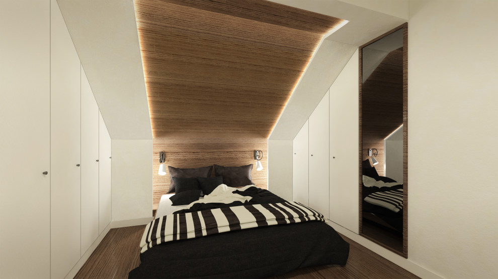 Imagen de dormitorio principal minimalista pequeño con suelo de madera clara, madera y panelado