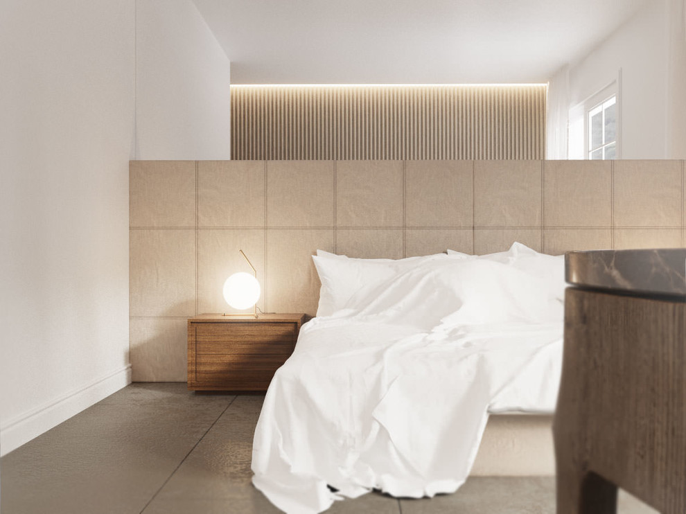 ミラノにある中くらいなコンテンポラリースタイルのおしゃれな主寝室 (白い壁、磁器タイルの床、グレーの床)