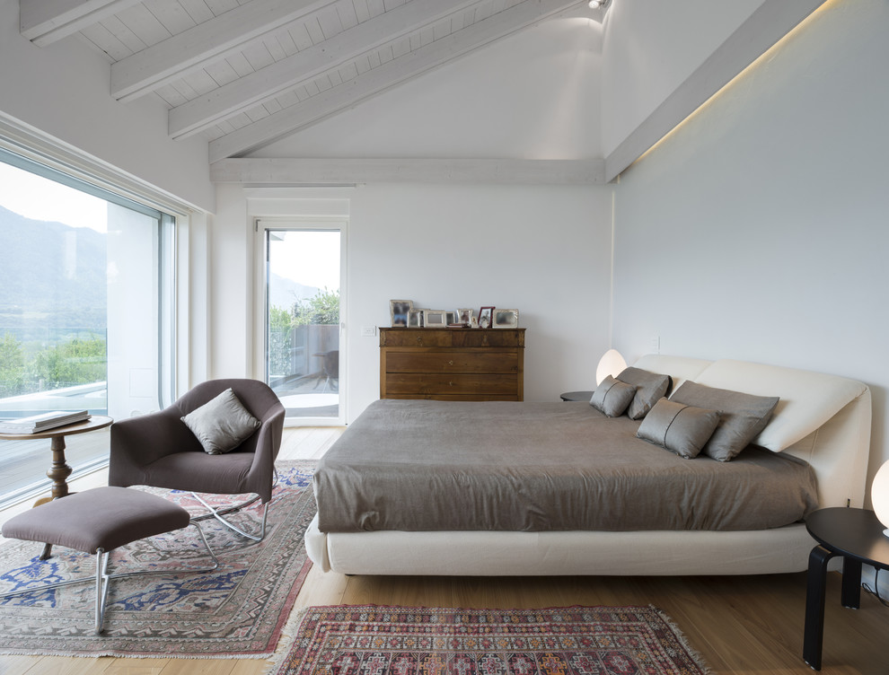 Idéer för att renovera ett funkis sovrum, med vita väggar, mellanmörkt trägolv och brunt golv