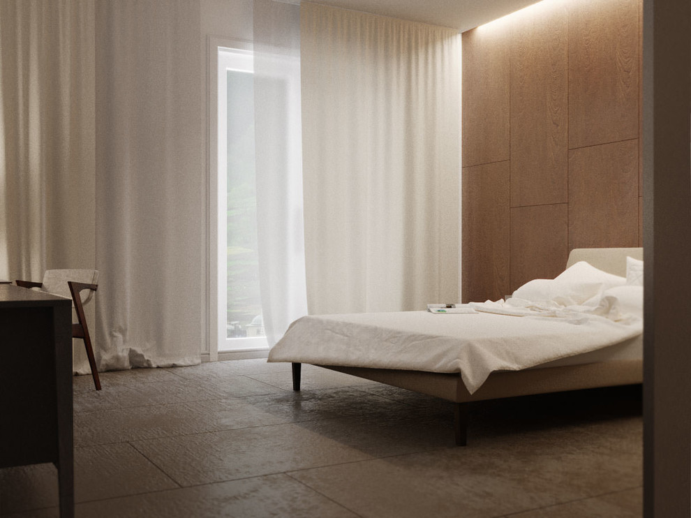 Diseño de habitación de invitados actual de tamaño medio con paredes marrones, suelo de baldosas de porcelana y suelo gris