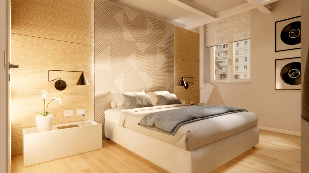 Diseño de dormitorio principal moderno pequeño con suelo de madera clara