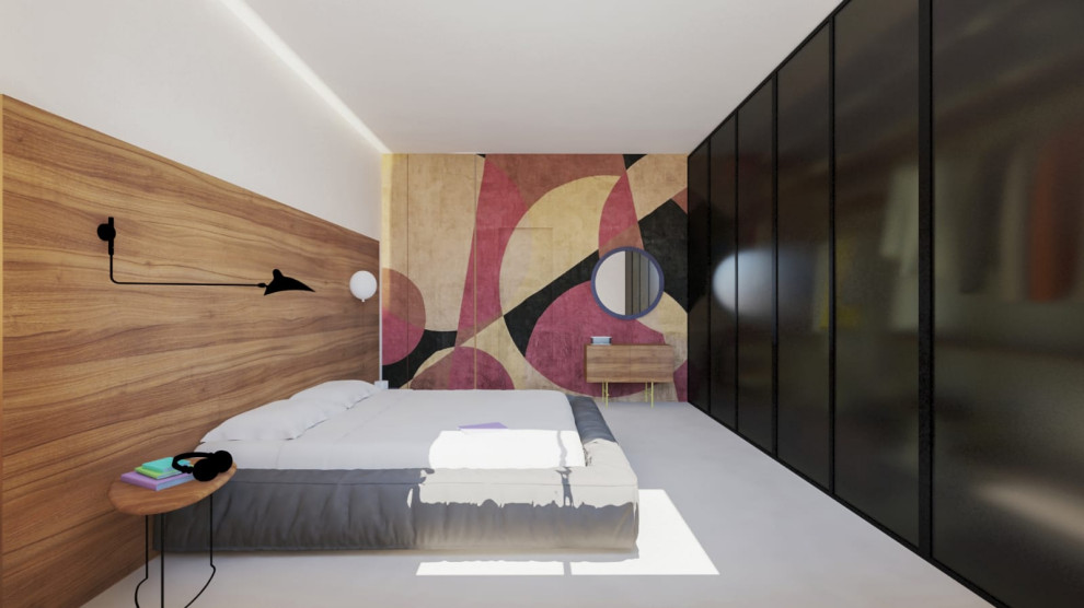 Источник вдохновения для домашнего уюта: хозяйская спальня среднего размера в современном стиле с разноцветными стенами, бетонным полом, серым полом, многоуровневым потолком и обоями на стенах