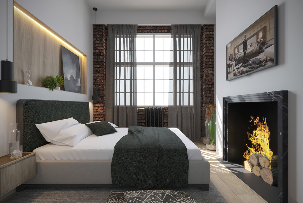 ロンドンにある小さなコンテンポラリースタイルのおしゃれな主寝室 (グレーの壁、無垢フローリング、両方向型暖炉、石材の暖炉まわり)