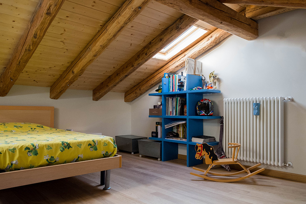 Modelo de dormitorio bohemio grande con paredes blancas y suelo de madera en tonos medios