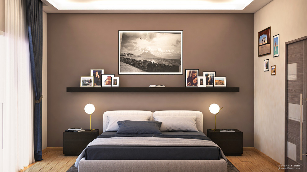 Kleines Modernes Hauptschlafzimmer mit Porzellan-Bodenfliesen in Rom