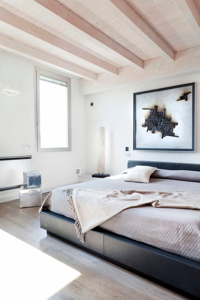 Immagine di una camera matrimoniale design di medie dimensioni con pareti bianche e parquet chiaro