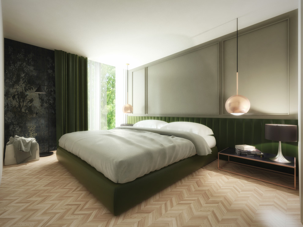 На фото: большая хозяйская спальня в стиле модернизм с разноцветными стенами, светлым паркетным полом и коричневым полом