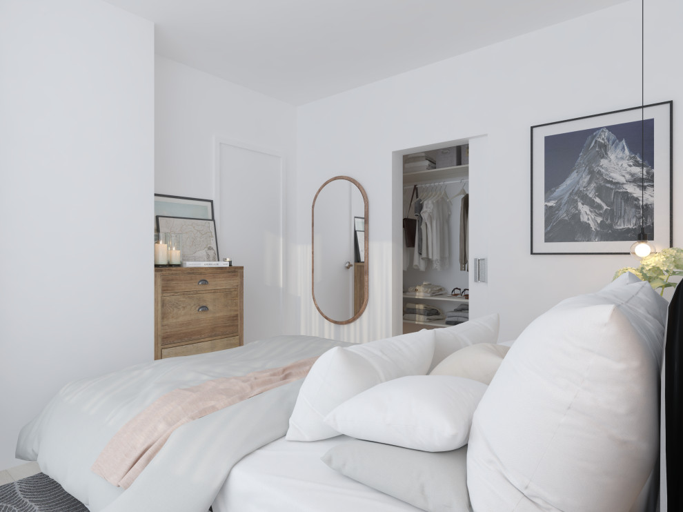 Свежая идея для дизайна: маленькая хозяйская спальня в стиле шебби-шик с белыми стенами, полом из ламината и серым полом для на участке и в саду - отличное фото интерьера