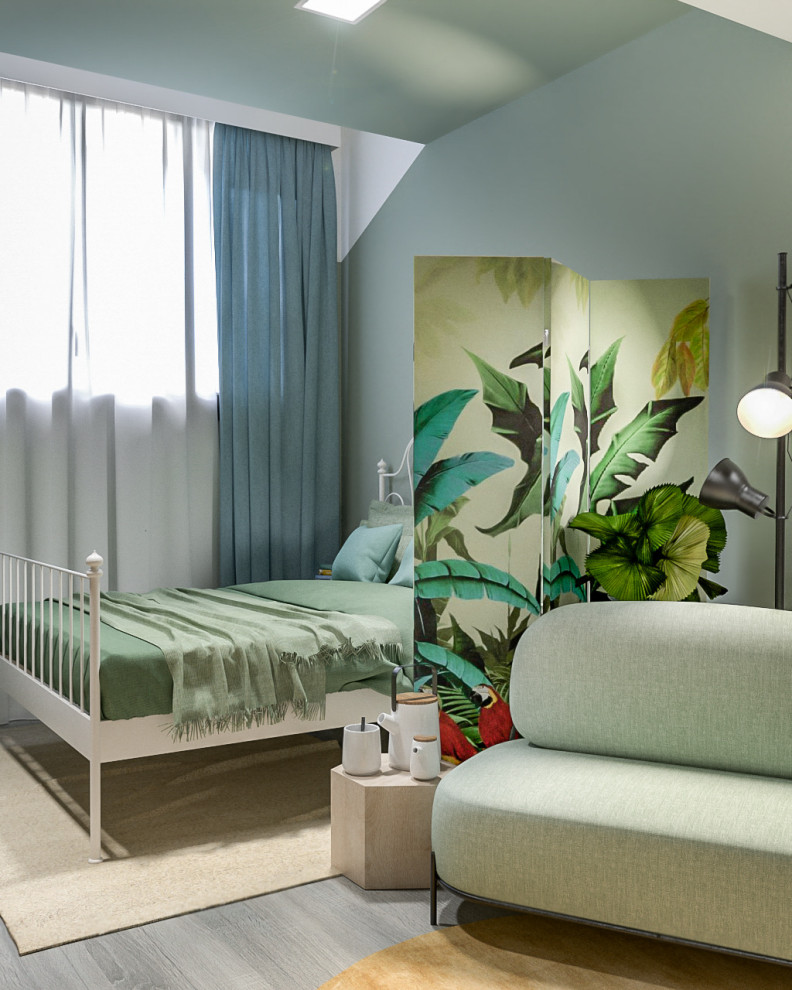 Réalisation d'une petite chambre mansardée ou avec mezzanine design avec un mur vert, un sol en carrelage de porcelaine et un sol gris.