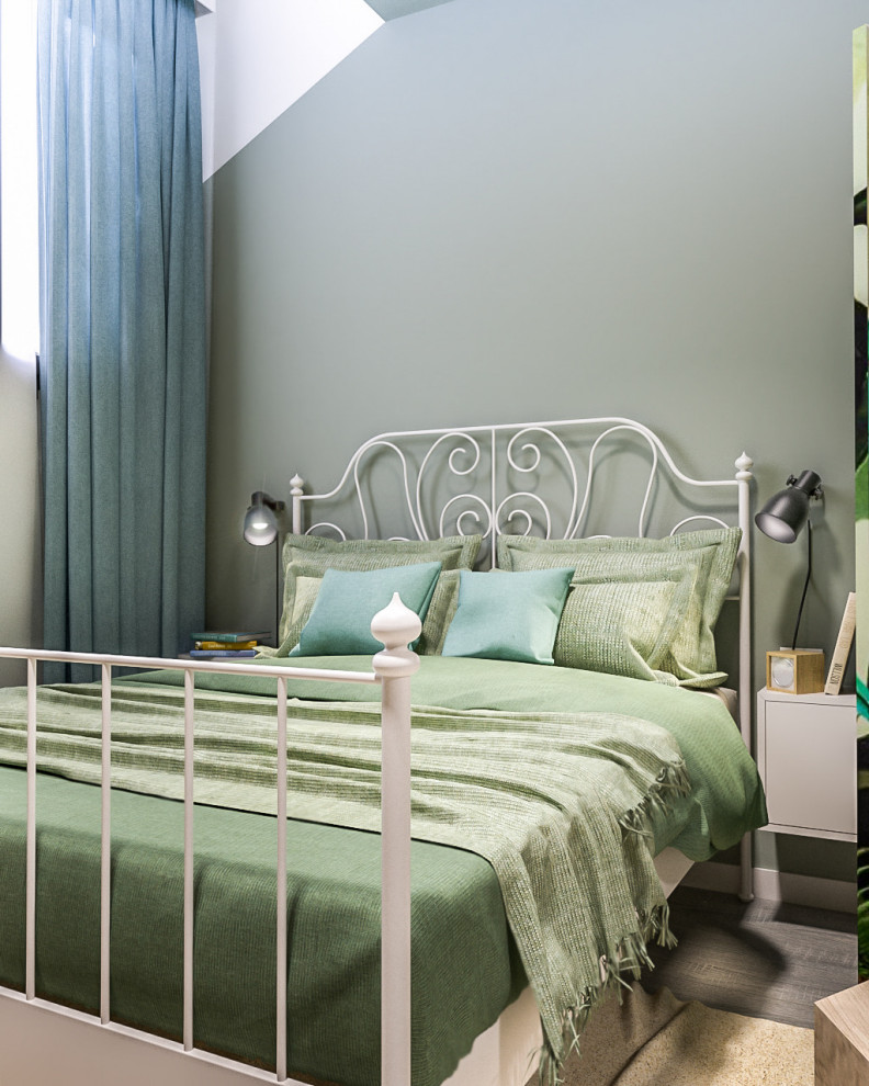 Idee per una piccola camera da letto stile loft contemporanea con pareti verdi, pavimento in gres porcellanato e pavimento grigio