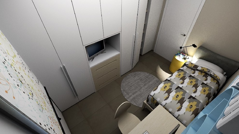 Bild på ett litet funkis gästrum, med beige väggar, klinkergolv i porslin och beiget golv
