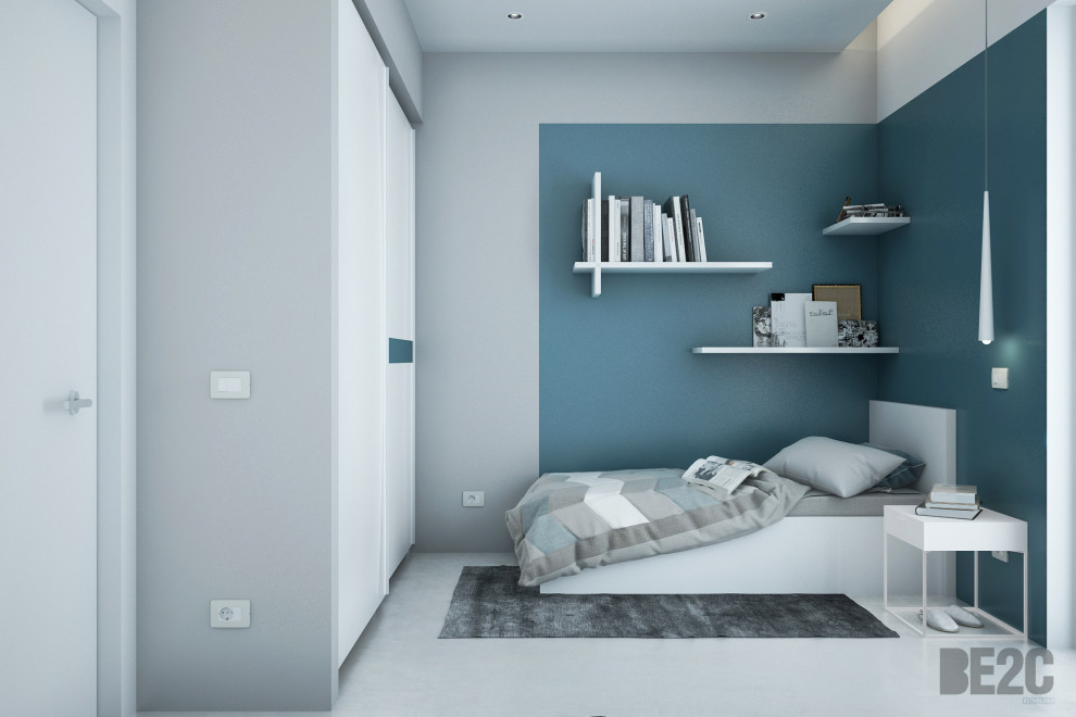 Ispirazione per una piccola camera matrimoniale design con pareti bianche, pavimento in gres porcellanato e pavimento grigio