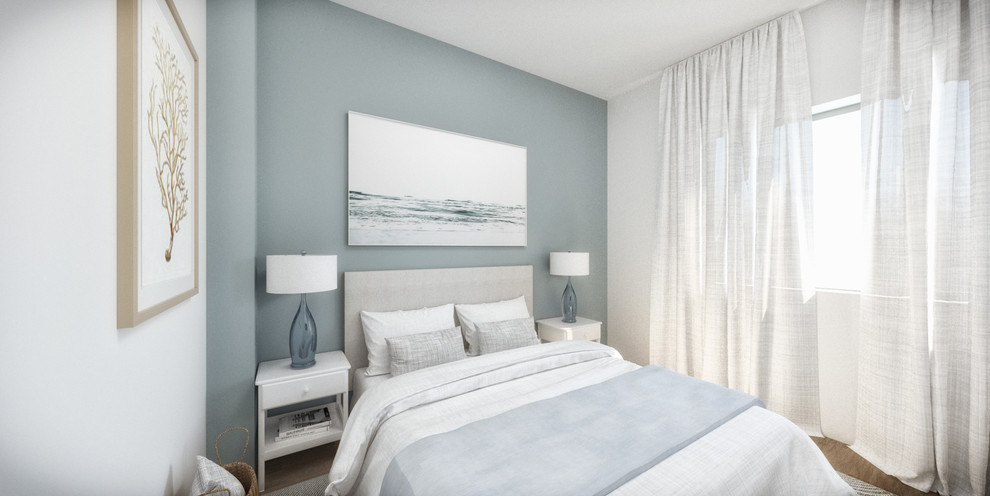 Foto de dormitorio principal romántico pequeño con paredes azules, suelo de baldosas de cerámica y suelo multicolor