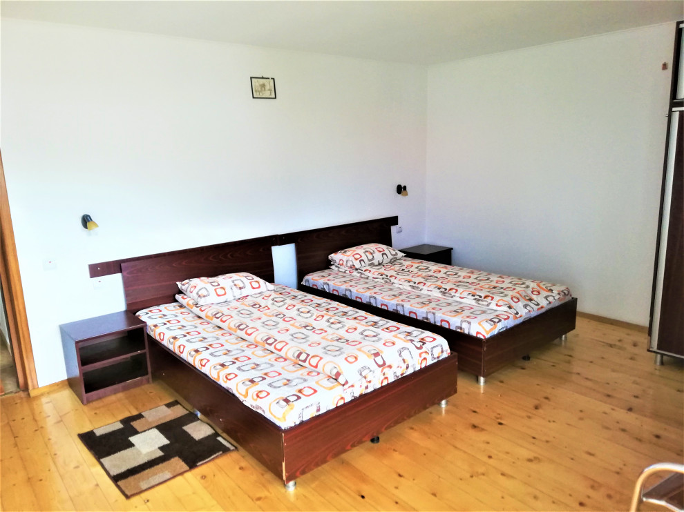 Ispirazione per un'ampia camera da letto stile loft tradizionale con pareti bianche, parquet chiaro e pavimento beige