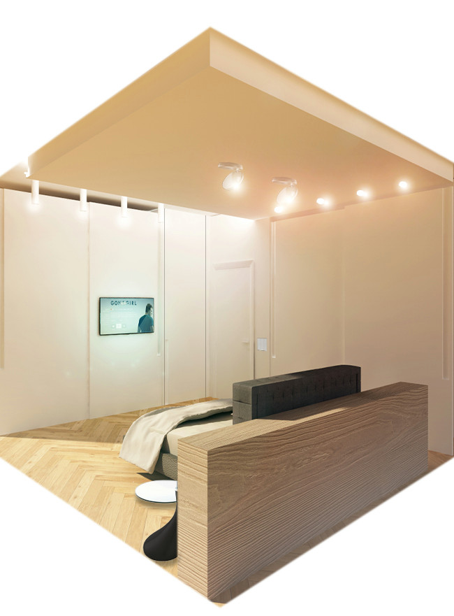 Источник вдохновения для домашнего уюта: хозяйская спальня среднего размера в стиле модернизм с белыми стенами, светлым паркетным полом и многоуровневым потолком