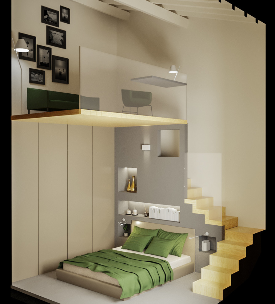 Idee per una camera matrimoniale minimalista di medie dimensioni con pareti bianche, pavimento in gres porcellanato e pavimento grigio