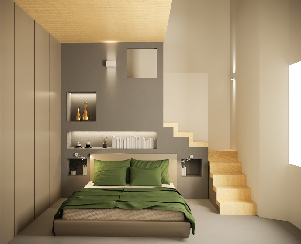 Imagen de dormitorio principal minimalista de tamaño medio con paredes blancas, suelo de baldosas de porcelana y suelo gris