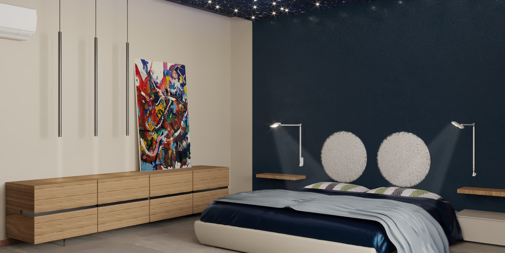 Foto de dormitorio principal minimalista de tamaño medio con paredes beige, suelo de baldosas de porcelana y suelo gris