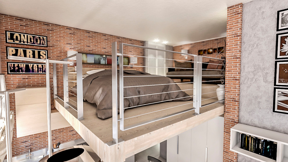 Bedroom - small industrial loft-style light wood floor and beige floor bedroom idea with multicolored walls