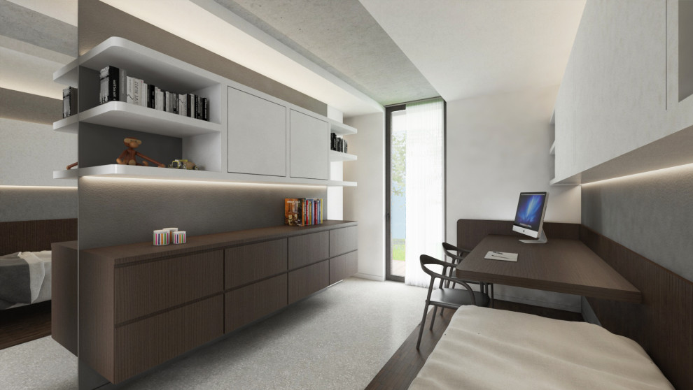 Imagen de dormitorio actual pequeño con paredes blancas, suelo de baldosas de porcelana, suelo gris, bandeja y madera