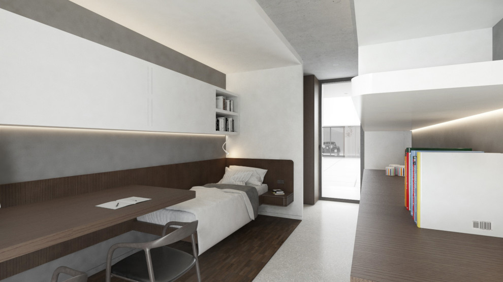 Immagine di una piccola camera da letto minimal con pareti bianche, pavimento in gres porcellanato, pavimento grigio, soffitto ribassato e pareti in legno
